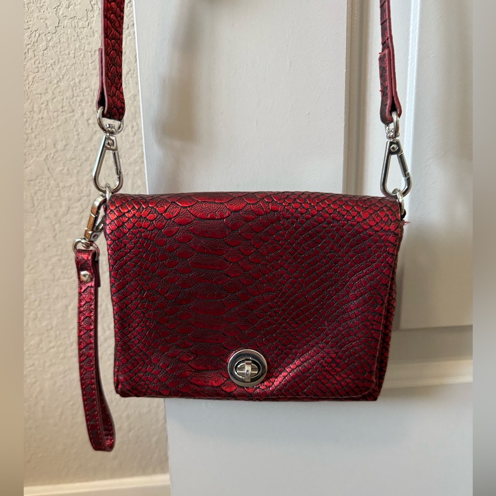 Metallic Red Snake Print Crossbody / Wristlet Bag